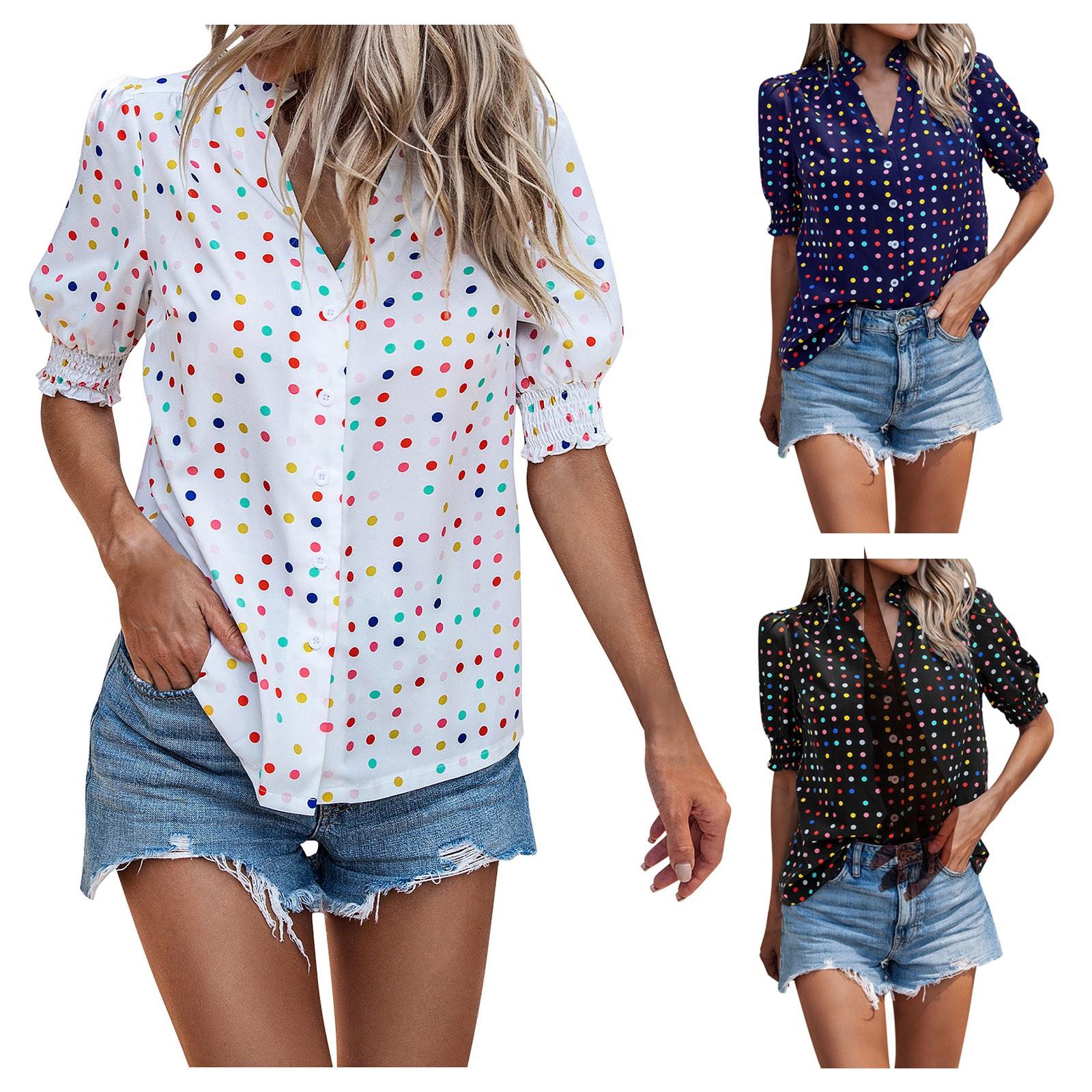 

Женский весенне-летний модный повседневный топ с короткими рукавами и v-образным вырезом в горошек