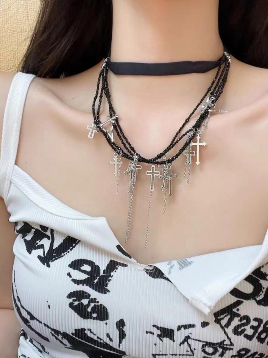 

Dark Punk Cross Style Necklace Geometric Shape Tassel Choker For Souvenir Travel Dark Cross Necklace