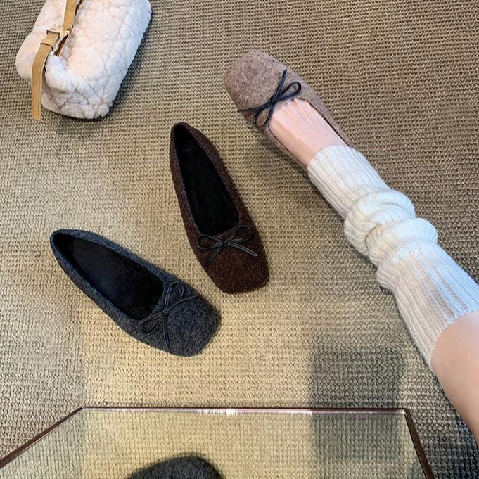 Wool version~ Versatile bow woolen light mouth ballet single shoes women's Mary Jane single shoes flat-soled fluffy shoes ladyshoes