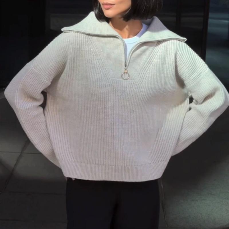 New Retro Long-sleeved Top Loose Design Lapel Zipper Pullover Knitted Sweater