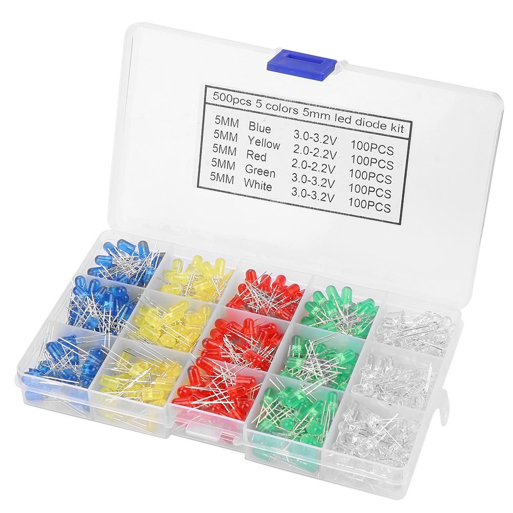 

500pcs 5mm LED Light Red Yellow Blue Green White Assortment Diodes Kit