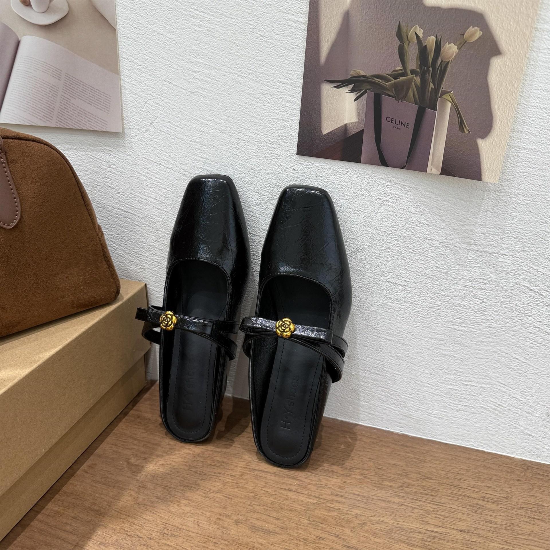 

Spring And Summer Versatile Single Shoes French Gentle Temperament Slippers Inner Height Increase Square Head Mary Jane Half To Muller Shoes 39 чорний