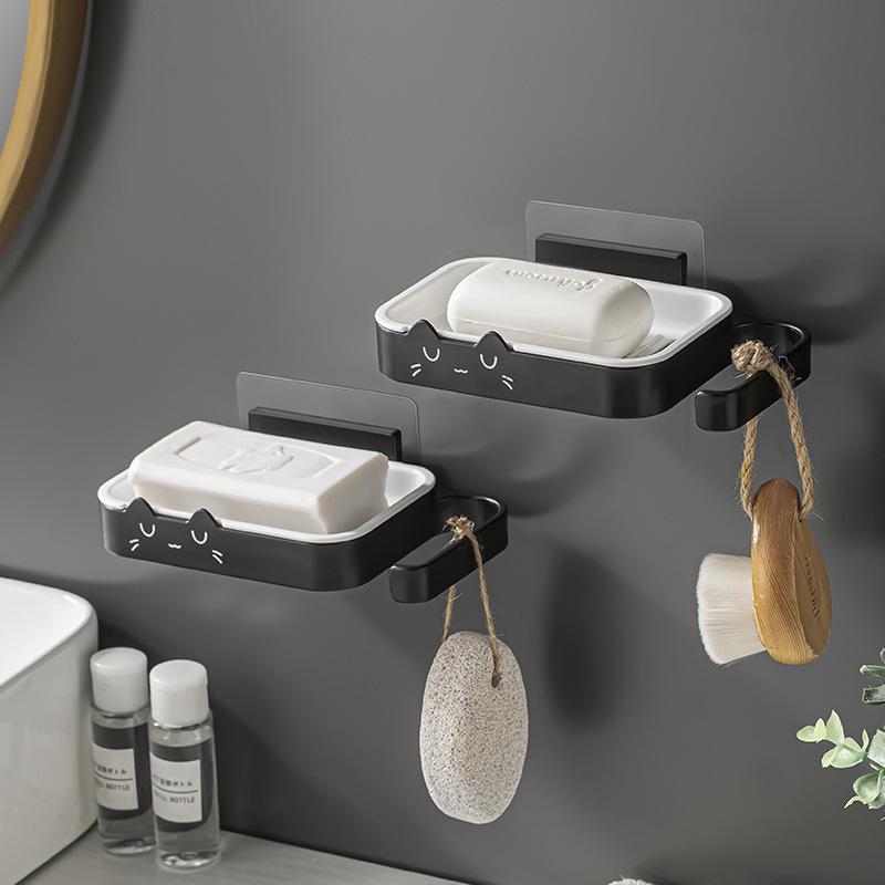 Wall Mounted Cat Shape Hanging Soap Dish Drain Rack Bathroom Kitchen Shower Soap Holder Storage Tray Cleaning