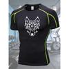 Men's Compression Shirt Quick Dry Black Gym T-Shirt White Tribal Wolf Head Print Workout Sportswear