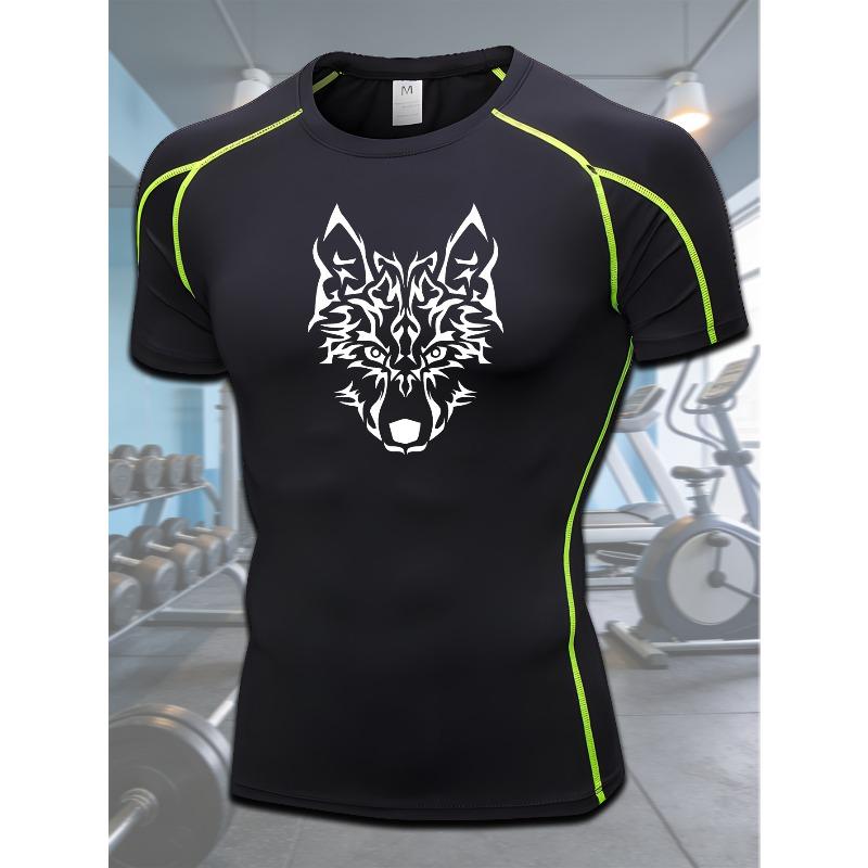 Men's Compression Shirt Quick Dry Black Gym T-Shirt White Tribal Wolf Head Print Workout Sportswear