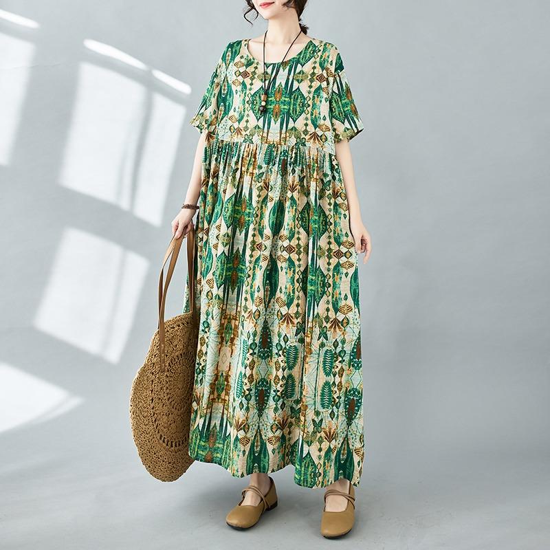 Dimanaf Women Dress Summer Plus Size Beach Sundress Linen Bohemian Print Flowers Fashion Lady Vestidos Loose Casual Long Dress Oversize 9079