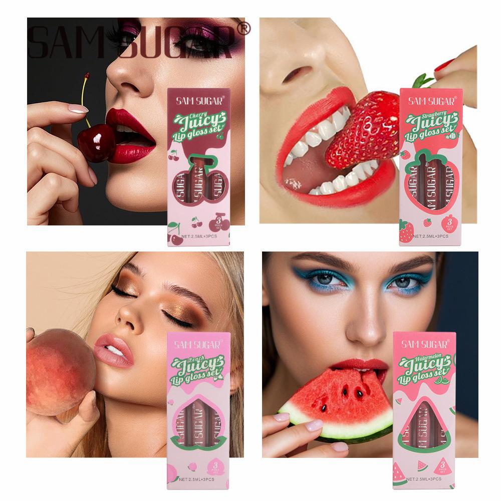3-color Fruit Lip Gloss Set, Matte Matte Sexy Lip Glaze, Non-stick Cup, Waterproof Non-fading Lipstick Makeup