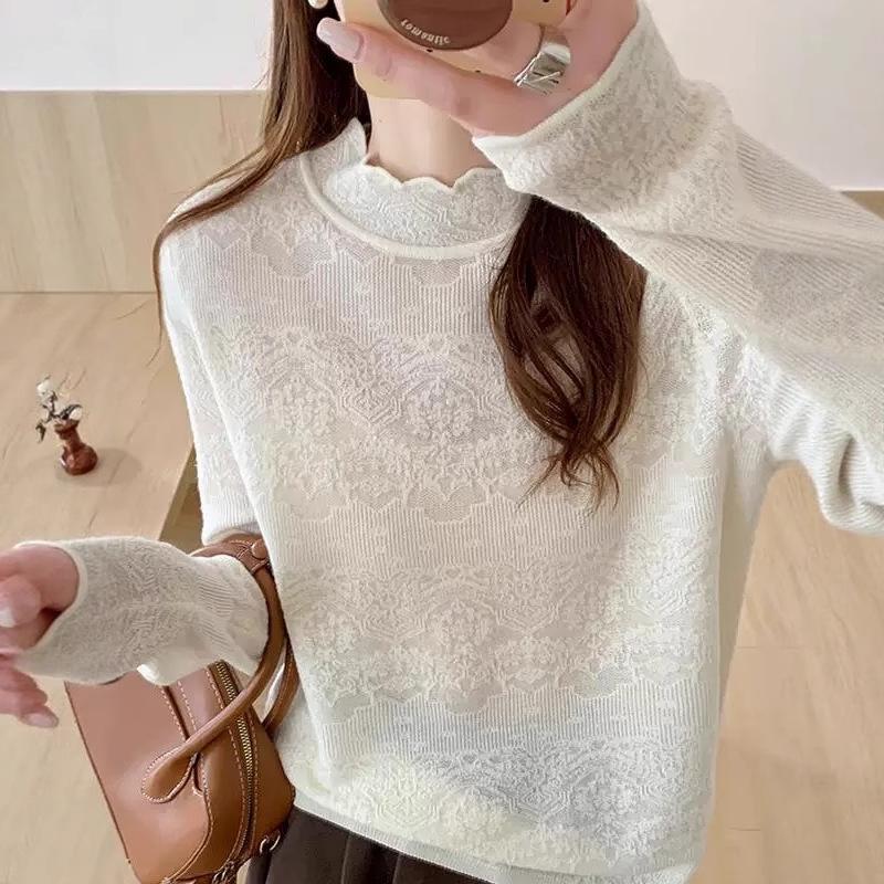 Lace semi-turtleneck knitted bottoming shirt for women's autumn and winter new versatile sweater bottoming jacquard top for women