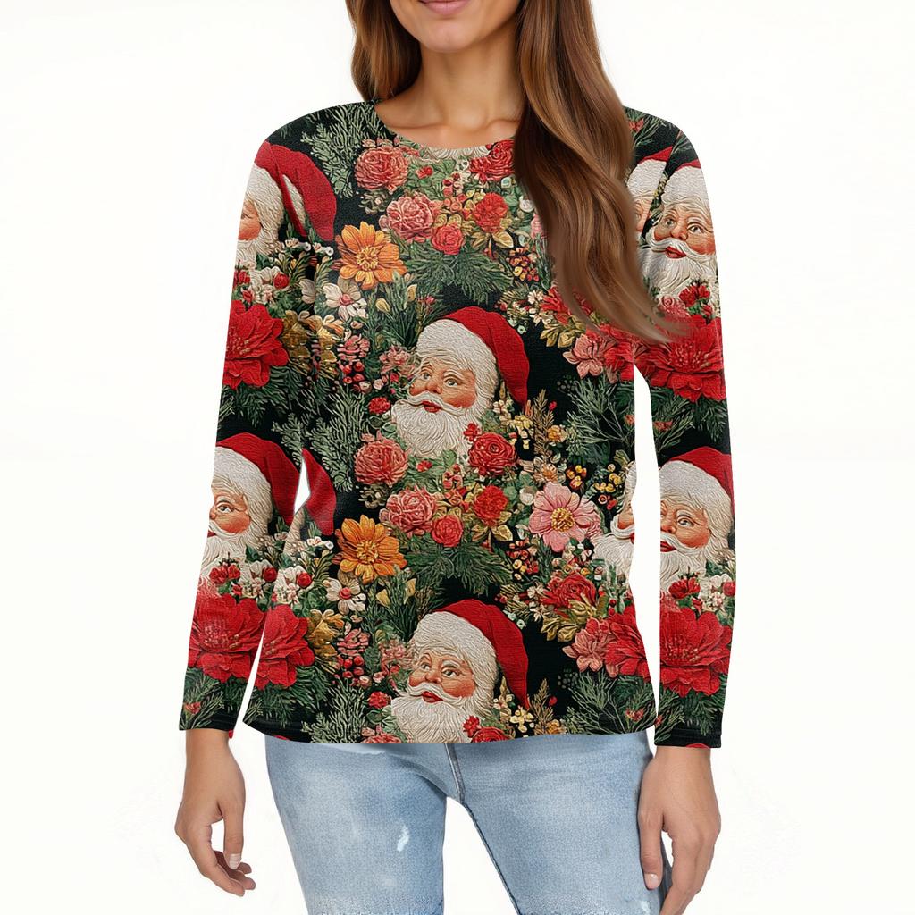 Women's Fashion Hem Slit Casual Christmas Printed Round Neck Long Sleeve Top