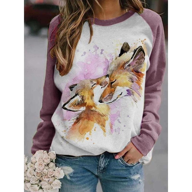 Rundhals 3D Tierdruck Top Lässige Langarm Damen T-Shirts - Weicher Mitteldehnbarer Polyesterstoff Frühling und Herbst Relaxed Fit Kleidung