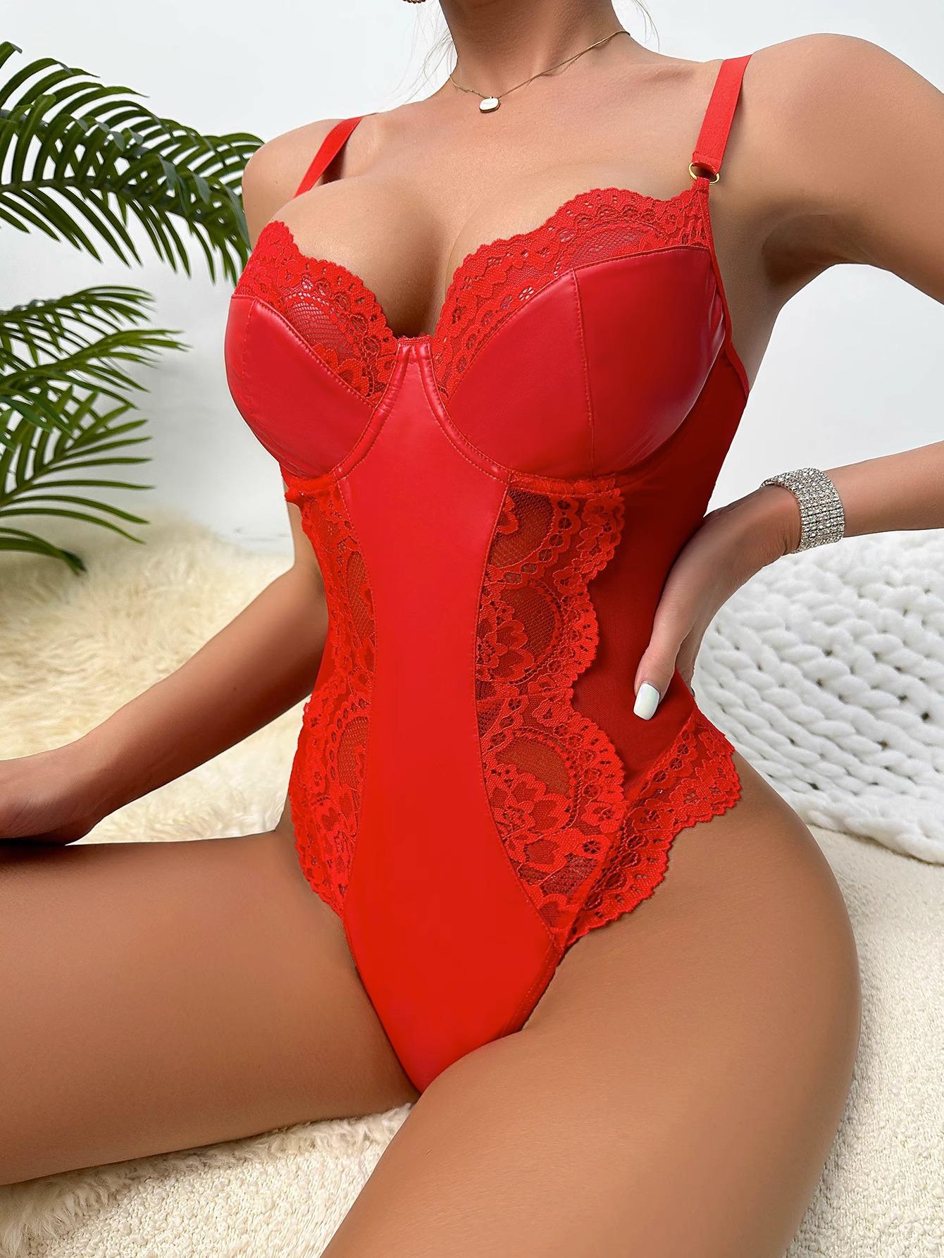 Europäischer & Amerikanischer Sexy Spitzen-Patchwork-Camisole-Body - Neuer Damenstil 8212 Large rot