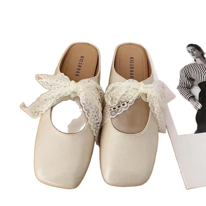 Square head retro lace Mary Jane shoes new shallow mouth single shoes college style bag head flat bottom slippers women