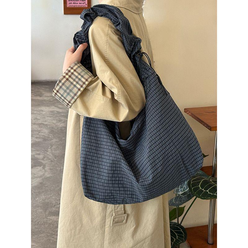 2025 Korean Retro Plaid Canvas Drawstring Tote - Large Commuter Shoulder/Crossbody Bag
