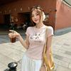 Fashion Versatile Pure Desire Sweet and Spicy Lamb Printed Love Short Sleeve Lace T-Shirt Women's Summer New Waist Top Trend