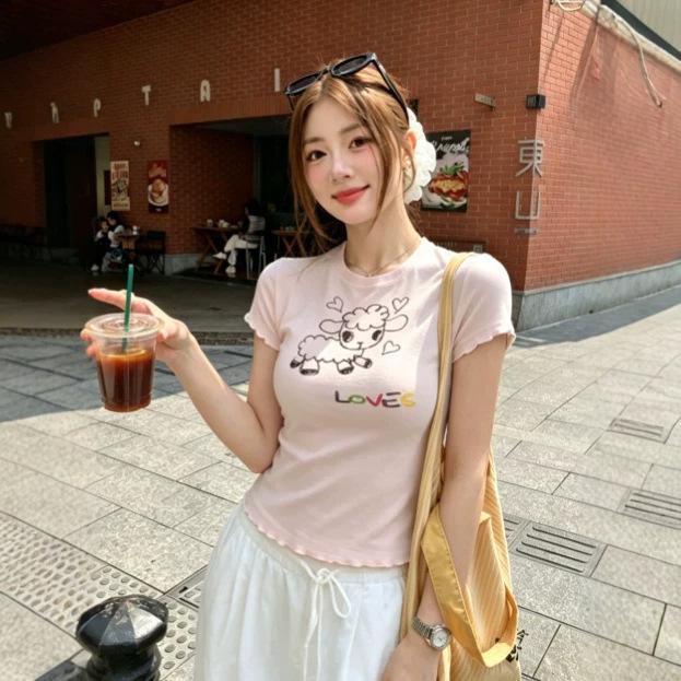 Fashion Versatile Pure Desire Sweet and Spicy Lamb Printed Love Short Sleeve Lace T-Shirt Women's Summer New Waist Top Trend