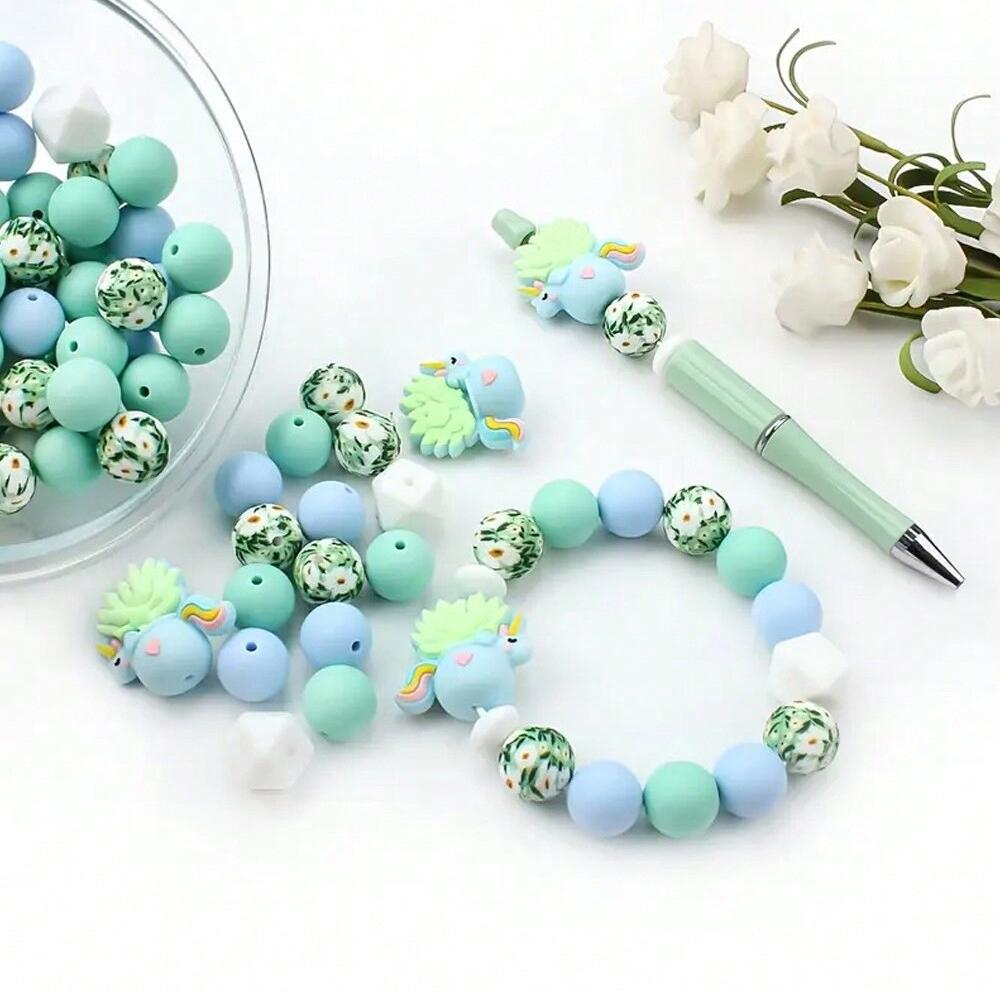 30PCS Silicone Bead Set - Cute Dinosaur, Plant & Flower Designs for DIY Jewelry, Keychains, Bracelets & Craft Pens