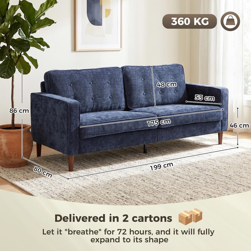 3 Seater Sofa Button Tufted Upholstered Velvet Couch with Wood Legs for Living Room, Dark Blue