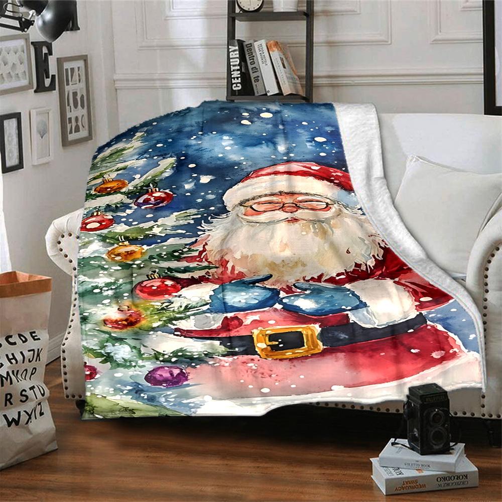 1pc Santa Claus Christmas Tree Blanket Lightweight Flannel Throw for Sofa Bed Travel Camping Livingroom Office Couch Chair