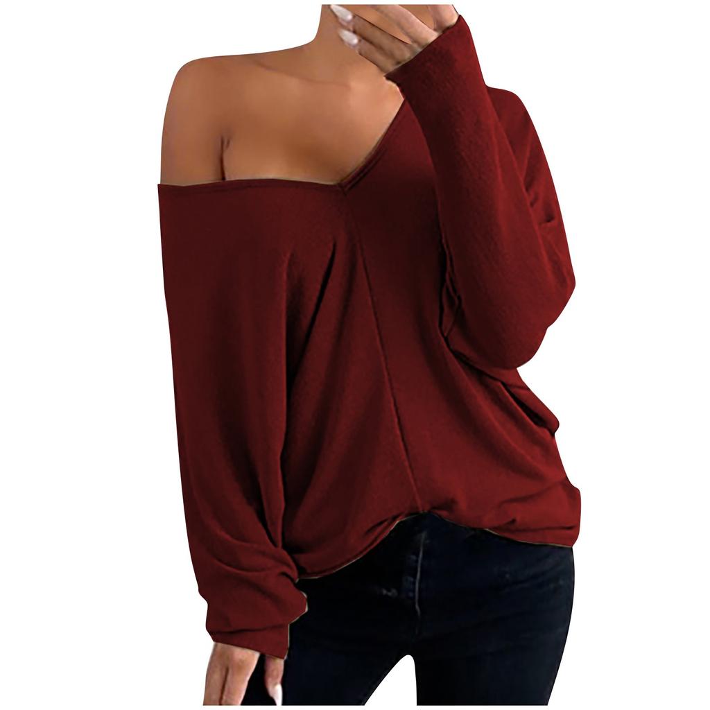 Women Fashion Casual Solid V-Neck Loose Long Sleeve T-shirt Top Blouse Pullover