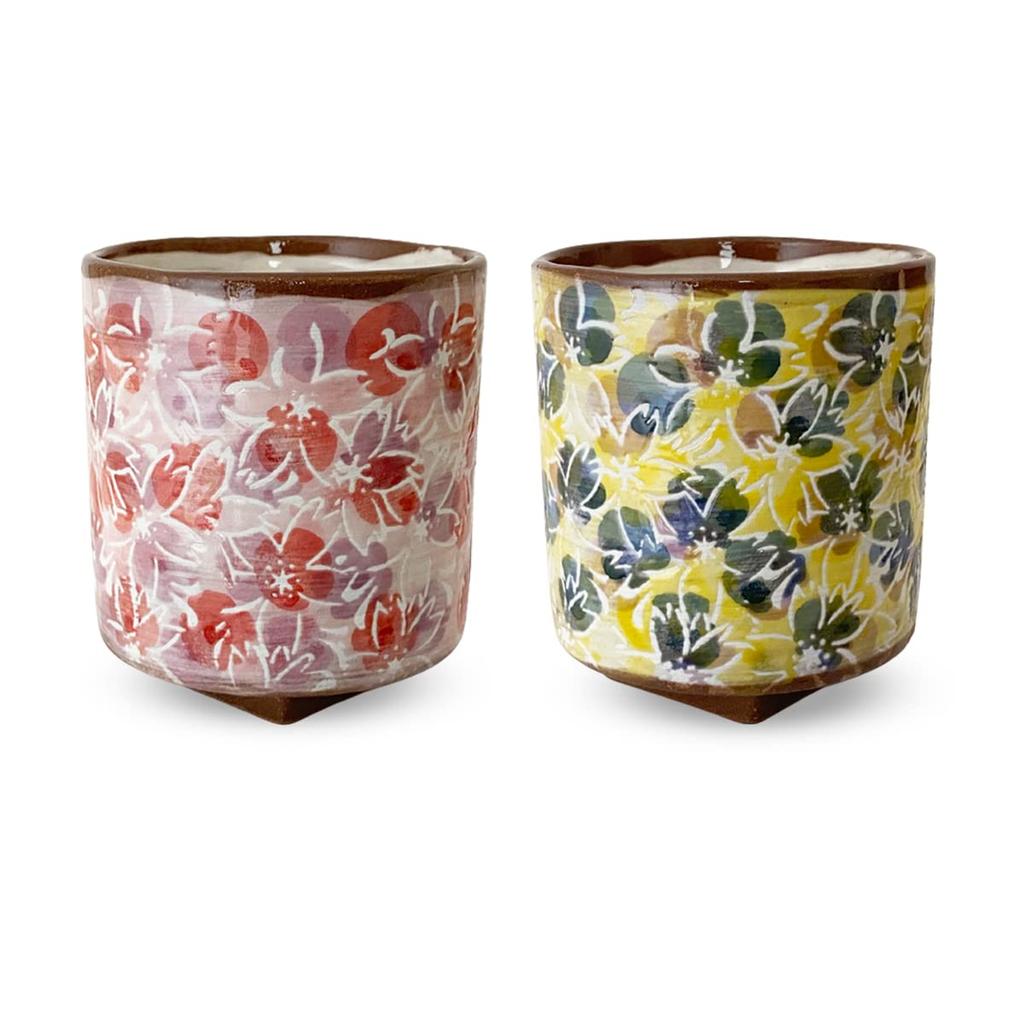 Kobo Sho Full Bloom Corner Takadai Tea Cup Pair Hasami Ware Made In Japan J-kitchens ~ (Pink Blue)