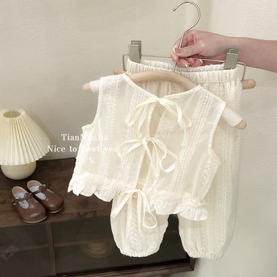 Mädchen Sommer einfarbig Dünner Anzug Mittel- und Kleinkinder Ärmelloses Oberteil + Shorts Zweiteiliges Set