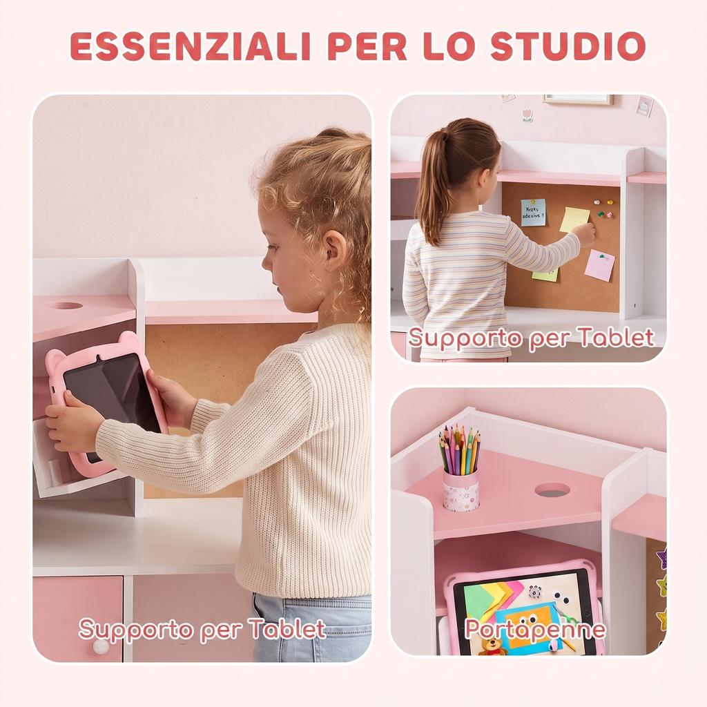 Kids Desk and Chair Set for 5-12 Years Old with Bookshelf, Pen Holder, Adjustable Tablet Stand, Pink
