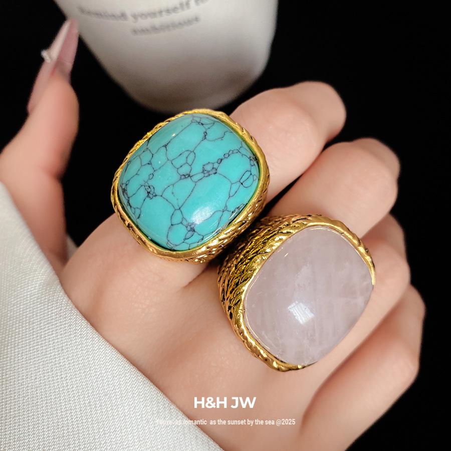 Vintage Square Pink Green Ring Minimalist Elegant Luxury Finger Jewelry розовый