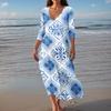 Women's Vintage Print Tunic Waisted Midi Dress Summer Casual 3/4 Sleeve Dress Dress