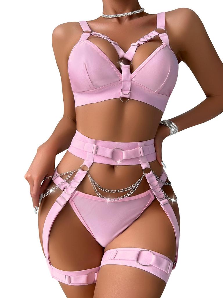 Lilosy Sexy Chain Strappy Garter Belt Women Lingerie Set Rave Outfits