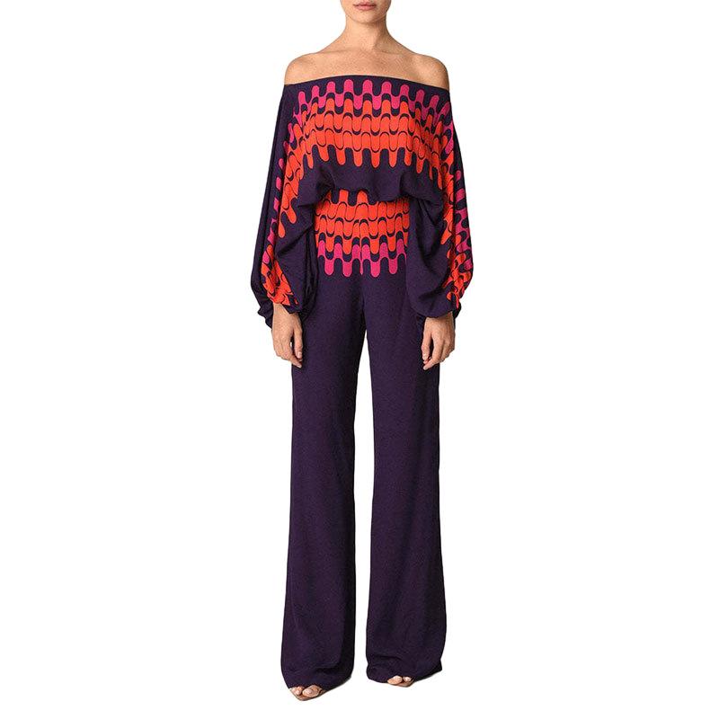 European And American Style Ladies Summer Suit Casual Satin Printed Loose One-neck Blouse And Trousers Two-piece Suit