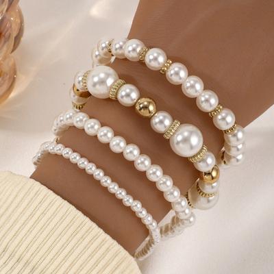 4-teiliges Armband-Set mit Kunstperlen, Französisch Vintage, Armband mit simulierten Perlen, Dehnbar, Golden