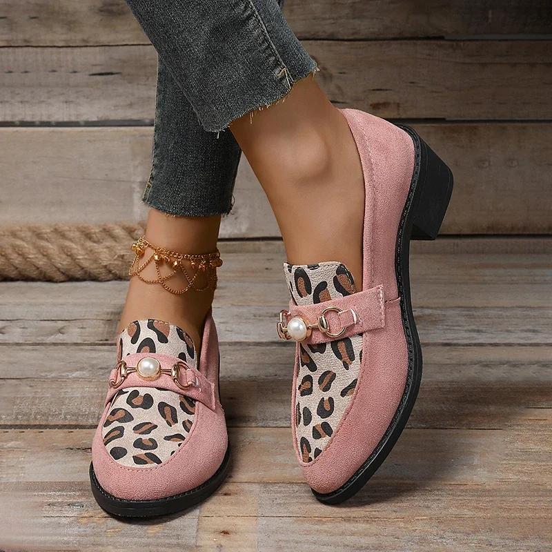 Fashion Fashion Leopard Square Heels Pumps Women Pointed Toe Pearl High Heel Party Shoes Woman Spring Slip-On Non-Slip Loafers Shoes