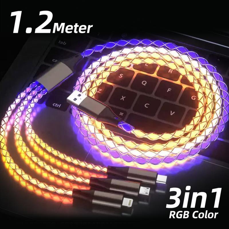 

HdooLink RGB 66W 6A кабель для быстрой зарядки 3 в 1 Type C/Micro USB/Linghtning кабель цветной автомобильный зарядный шнур для iPhone Xiaomi зарядное устройство USB кабель 1.2M