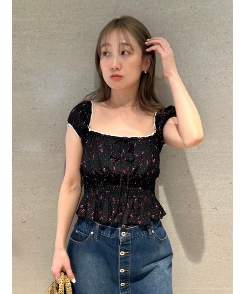 Furfur Cherry Print Blouse RWFT252035 Black Women's
