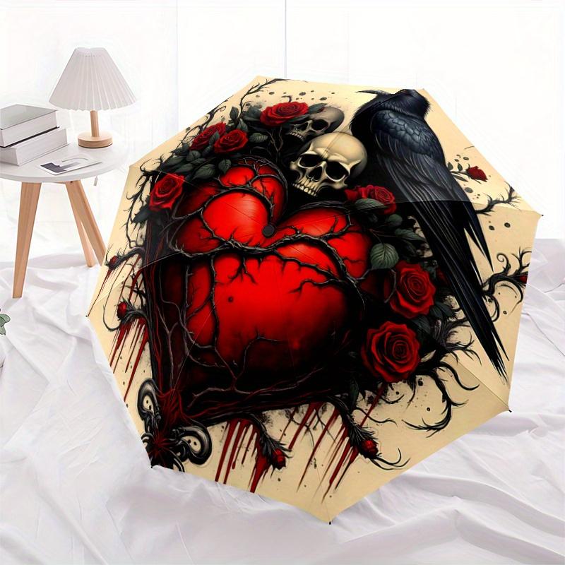 1pc Gothic Heart with Ravens Skulls and Red Roses Fully Automatic Folding Portable Umbrella, 8 Iron Frames, Three-Fold Design, Suitable for All S