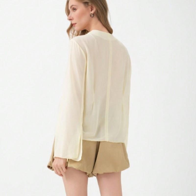 Womens Loose V-Neck Long Sleeve Shirt With Tie Detail Solid Color Casual Chic Top 2025