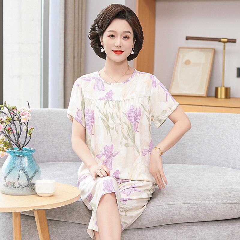 

«Женская летняя пижама из хлопка и шелка»: Комплект из двух предметов с коротким рукавом, свободного кроя, для людей среднего и пожилого возраста, больших размеров, для ношения на открытом воздухе. XXXXL (80-90 kg)