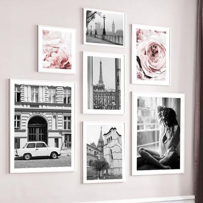 Nordisk vintageaffisch Balkong Paris Tower Pion Blomma Kvinna Väggkonsttryck Canvasmålning Väggbilder för vardagsrumsinredning