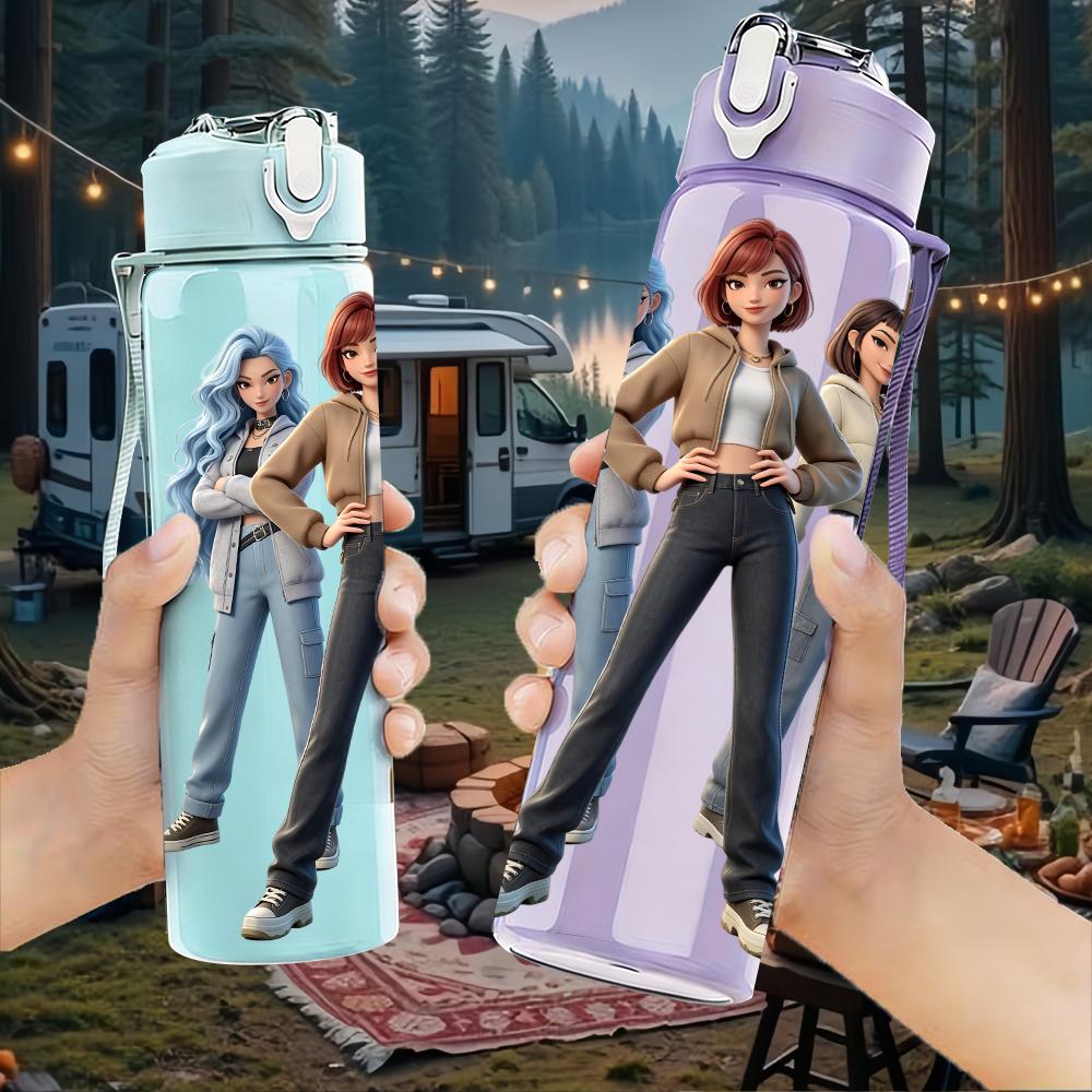1PC Three Casual Fashion Girls Standing 750ml Color Plastic Sports Water Bottle Leakproof Flip Straw Lid Suitable for Sports Office Home Use