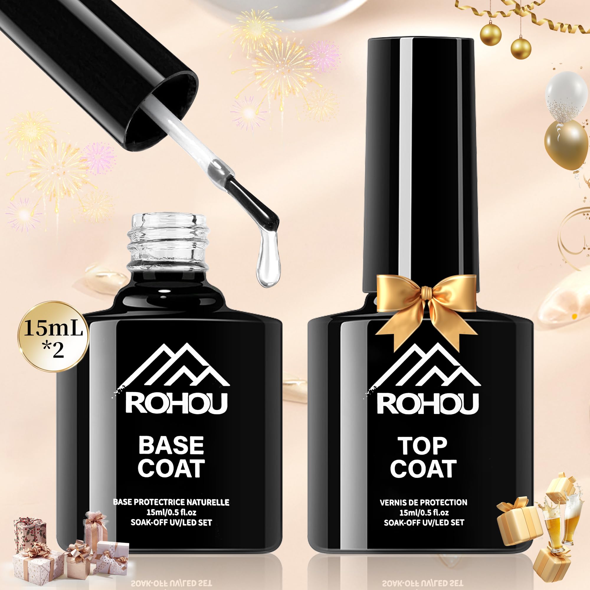 

инновационный подходит для ROHOU Gel Nail Top Coat Base Coat Set 15 мл Natural без вытирания большой подарочный подарок [версия декабря, для начинающих] 2, каждый,