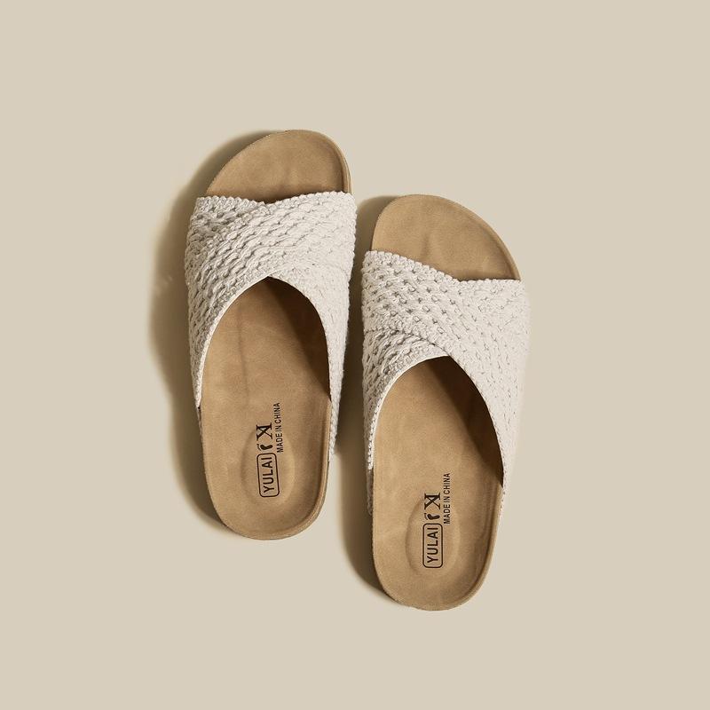 Cross-strap Knitted Slippers Women's Summer Wear New Retro Thick-bottomed Beach Vacation Cool Slippers