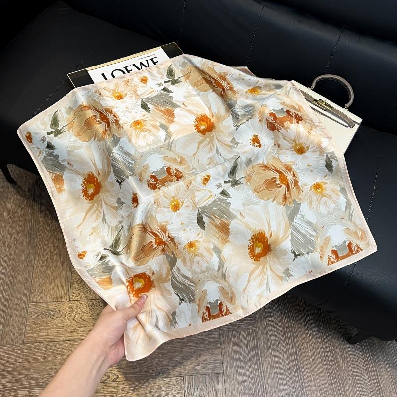 Silk scarf women's spring and autumn decoration versatile ins simple style striped square scarf streamer simulation silk fashion scarf scarf scarf