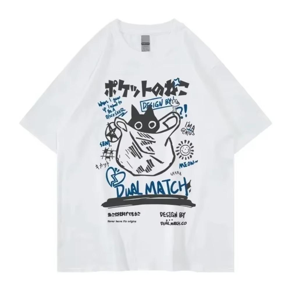 Kawaii Cat Printed Cotton T-shirt Summer Cartoon Short Sleeve Harajuku T Shirt Oversized Men Tee Streetwear Casual Women Clothes
