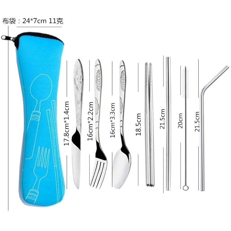 7pcs/ Set Stainless Steel Tableware Set Outdoor Portable Cloth Bag Knife Fork Spoon Chopsticks Straw Rich Flowers Seven Sets