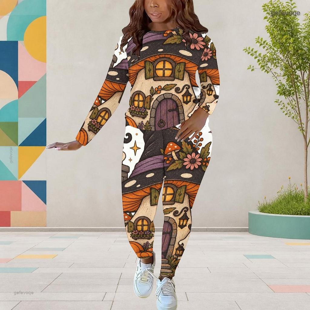 Women Plus Size Round Neck Long Sleeve Skeleton Printed Top Fitted Pants Two Piece Set
