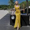 Vacation Spice Girl Yellow Suspender Dress Women's Summer Pleated Sexy Slim Fishtail Dress Mesh Skirt