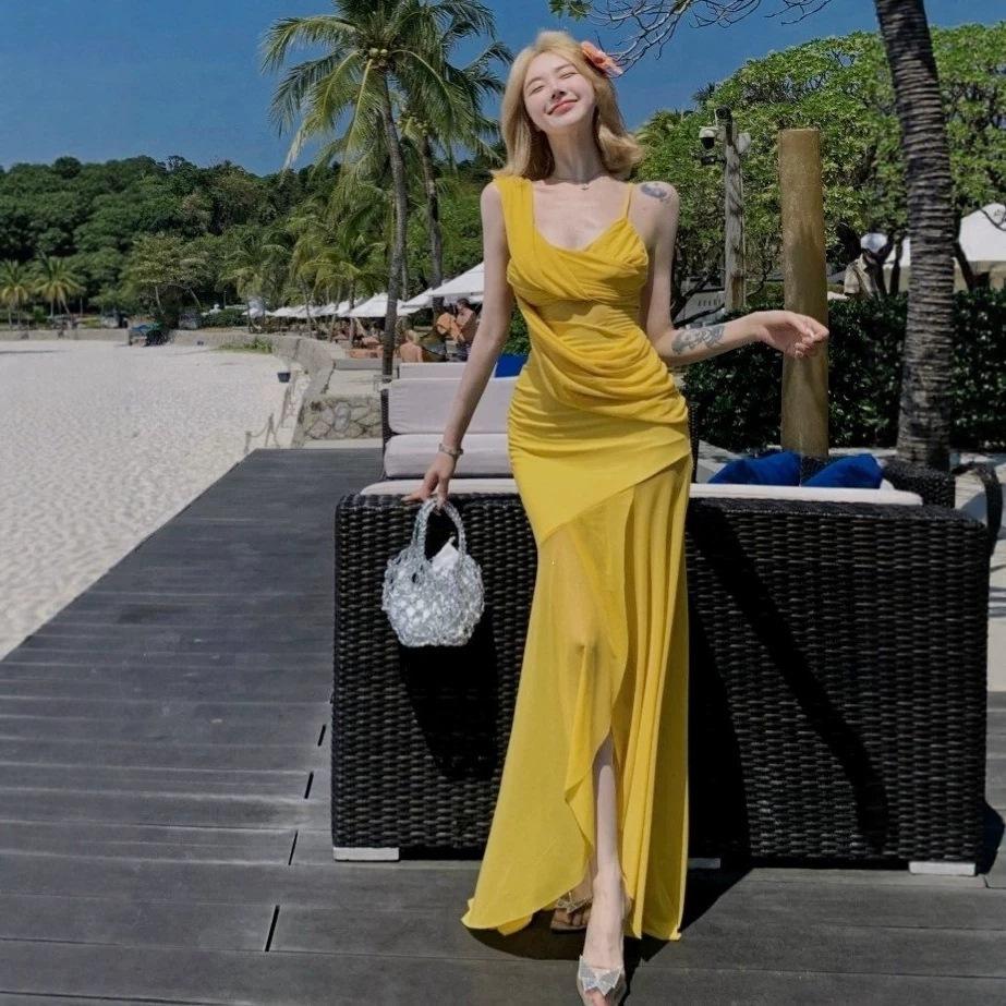 Vacation Spice Girl Yellow Suspender Dress Women's Summer Pleated Sexy Slim Fishtail Dress Mesh Skirt