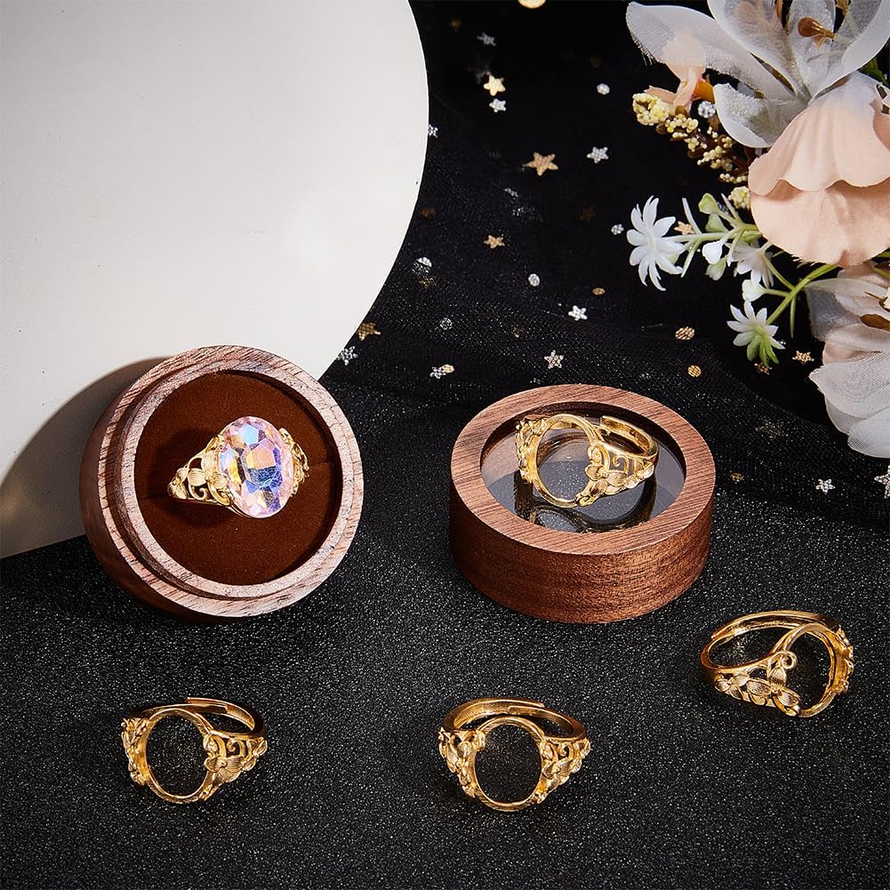Beebeecraft 1 Box 4Pcs Blank Ring Base 24K Gold Plated Flower Flat Round Pad Adjustable Prong Ring Setting with Oval Tray for DIY Jewelry Ring Making