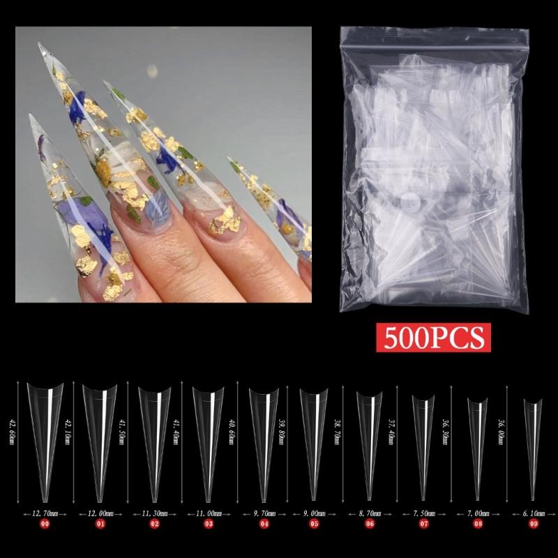 300/500pcs Stiletto Nail Tips Acrylic-Nails Long False Nails Clear/Natural Fake-Nails Half Coverage False Nail Tips