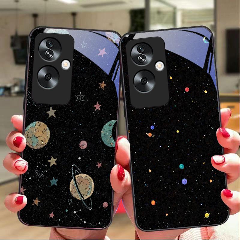 Astronaut Planet For Oppo A79 5G 58 78 74 60 4G Reno 11F Realme GT 6 11 Note 50 10 C55 X2 Tempered Glass Black Phone Case